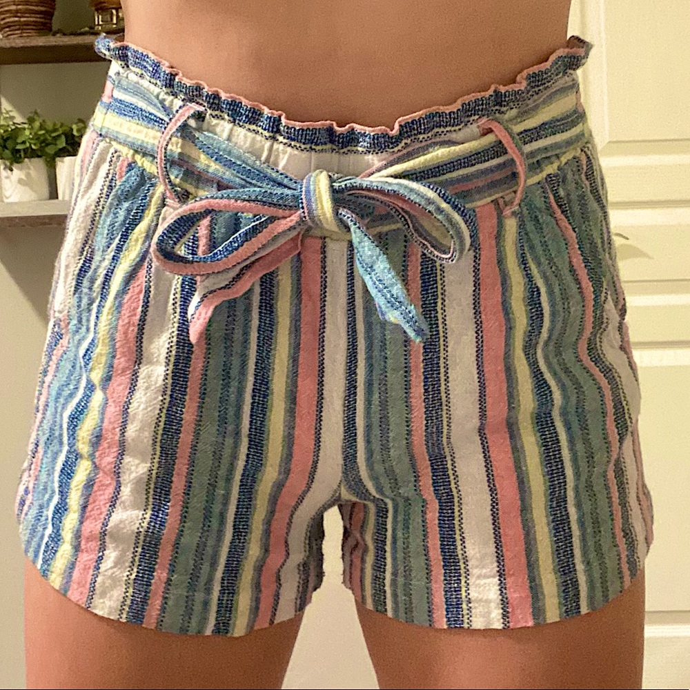 colorful striped paperbag waist shorts with tie